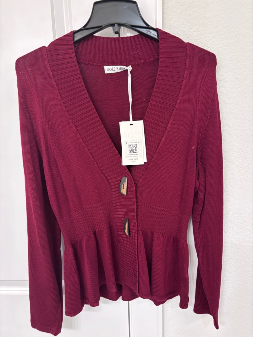 Grace Burgundy Button-Front Peplum Cardigan